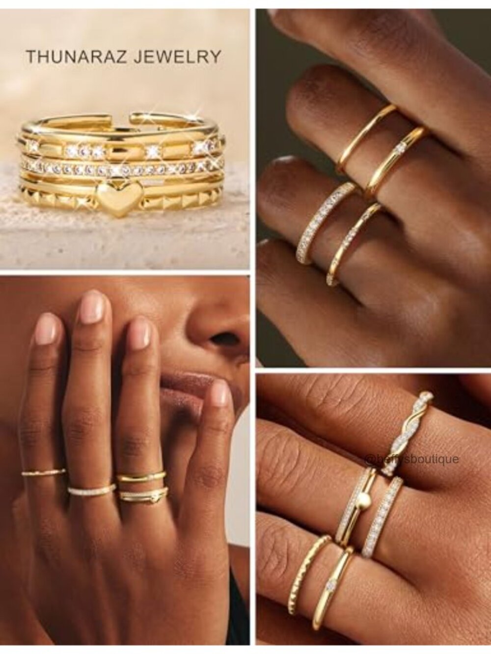 14K Gold Plated Stackable Rings Set Adjustable Non Tarnish CZ Stacking Rings - Picture 4 of 6